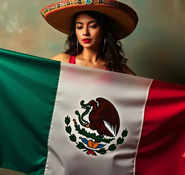 Una persona que sostiene con orgullo una bandera mexicana, con un certificado de nacionalidad mexicana iluminado por un foco, rodeado de símbolos mexicanos icónicos como el calendario azteca, un sombrero y flores de cempasúchil