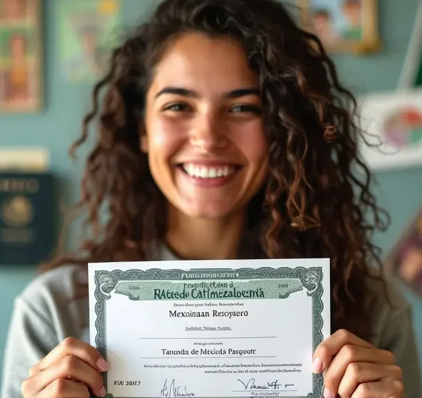 Una persona con un certificado de naturalización mexicana, sonriendo con orgullo, con un fondo que muestra varios beneficios como un pasaporte, una bandera mexicana al fondo, una tarjeta de seguro social y un grupo diverso de personas que simbolizan la comunidad y la oportunidad, fotorrealista