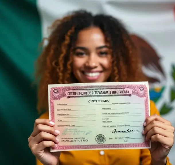 Una imagen que representa a una persona de etnia diversa, con un certificado de ciudadanía mexicana, de pie con orgullo frente a un fondo de bandera mexicana. El certificado debe ser el centro de atención, sin texto ni palabras visibles