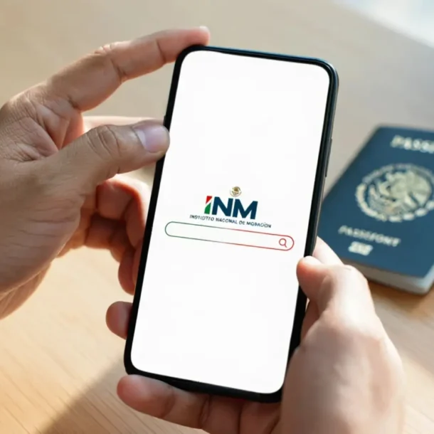 Mano sosteniendo smartphone con logo del INM para consultar estatus migratorio en México, representando una guía fácil.