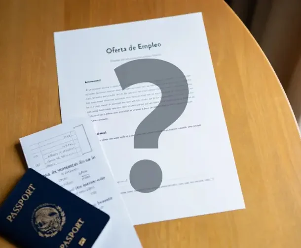 Oferta de empleo formal mexicana junto a pasaporte y solicitud, con signo de interrogación sobre si la oferta es primero para la visa de trabajo.