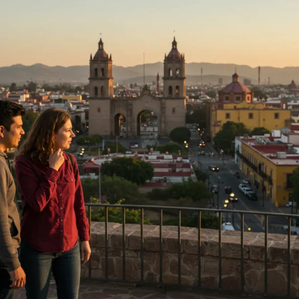 Una pareja de extranjeros observa la ciudad de Querétaro con sus arcos al fondo, planificando el costo de vida mensual en 2025 como parte de una guía completa.
