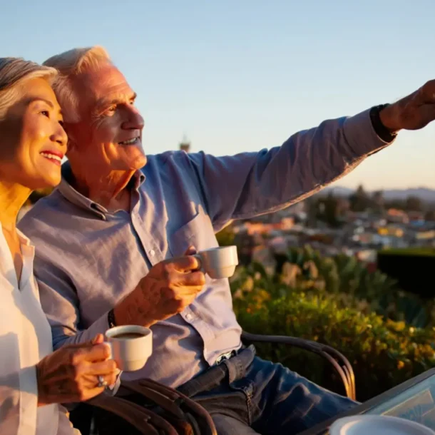 Guía completa de residencia permanente en México para jubilados: pareja disfrutando de su nueva vida con la tarjeta de residente visible.