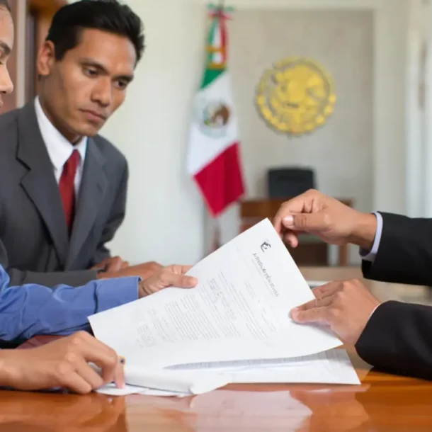 Funcionario consular revisando documentos de solvencia económica para visa temporal México en el consulado.