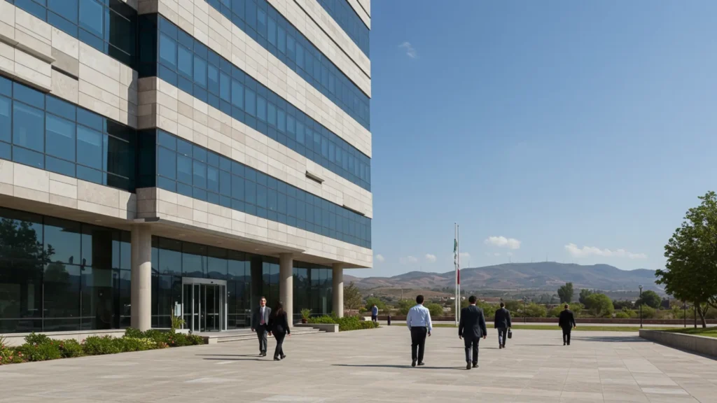 Moderno edificio corporativo en Querétaro bajo un cielo despejado, simbolizando el panorama económico y su impacto en el costo de vida mensual para extranjeros.