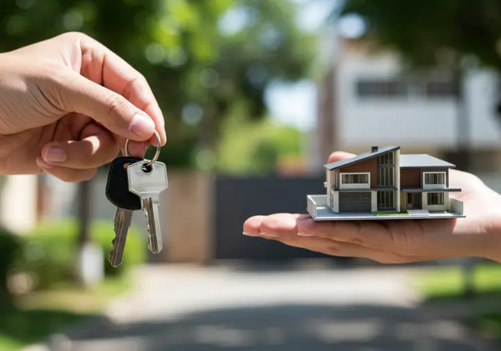 Manos de un expatriado sosteniendo llaves de alquiler y un modelo de casa, representando la decisión sobre el costo de la vivienda en Querétaro.