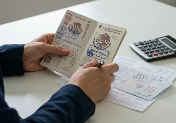 Persona revisando una visa de residente en un pasaporte junto a extractos bancarios, mostrando el vínculo entre el costo de vida y los requisitos de solvencia migratoria.